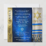 Bar Mitzvah Prayer Shawl Invitation<br><div class="desc">Customize this gold and blue Bar Mitzvah invitation with a prayer shawl in blue and Star of David.</div>