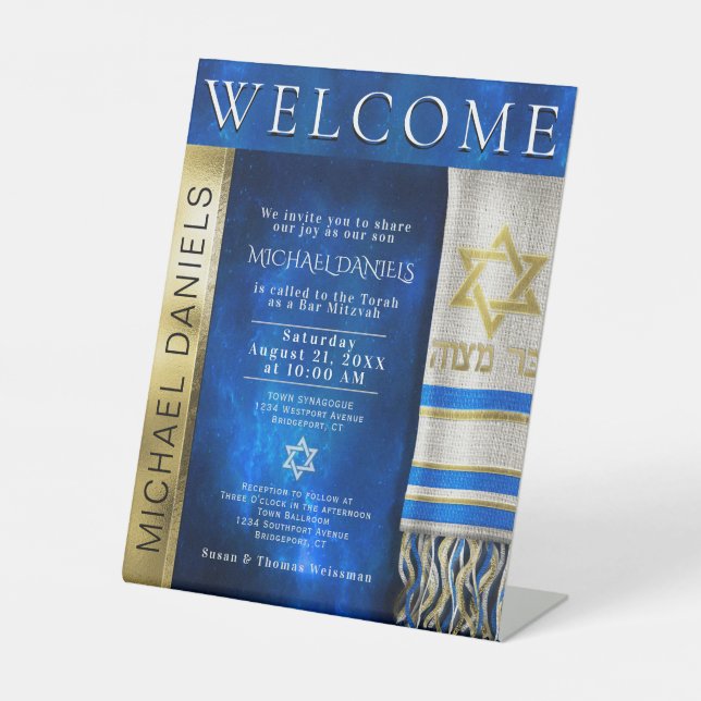 Bar Mitzvah Prayer Shawl Invitation Pedestal Sign (Front)
