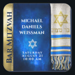 Bar Mitzvah Prayer Shawl Square Sticker<br><div class="desc">Customize this gold and blue Bar Mitzvah with a prayer shawl and Star of David design.</div>