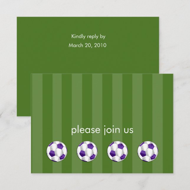 Bar Mitzvah Purple and White Soccer Ball RSVP Invitation (Front/Back)