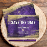 Bar Mitzvah Purple Watercolor Gold Foil Modern Save The Date<br><div class="desc">Make sure all your friends and relatives will be able to celebrate your son’s milestone Bar Mitzvah! Send out this cool, unique, modern, personalized “Save the Date” announcement card. Metallic gold foil brush strokes and Star of David, along with bold, white typography, overlay a rich, dark purple ombre watercolor background....</div>