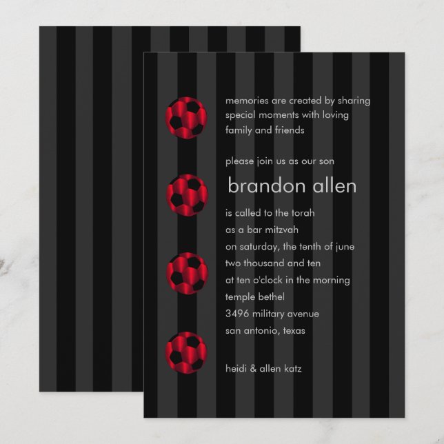 Bar Mitzvah Red and Black Soccer Ball Invitation (Front/Back)