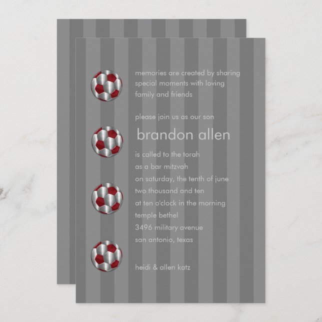 Bar Mitzvah Red and Silver Soccer Ball Invitation (Front/Back)