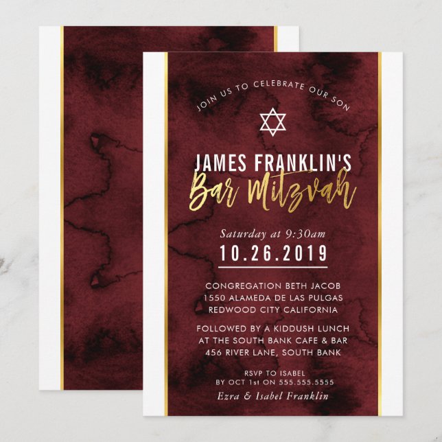 BAR MITZVAH red maroon watercolor gold script Invitation (Front/Back)