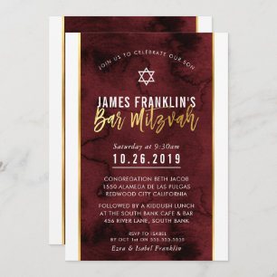 BAR MITZVAH red maroon watercolor gold script Invitation