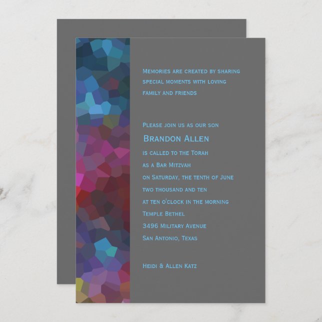 Bar Mitzvah Red Purple Blue Grey Abstract Design Invitation (Front/Back)