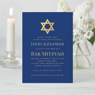 Bar Mitzvah Royal Blue Gold Star of David Simple Invitation