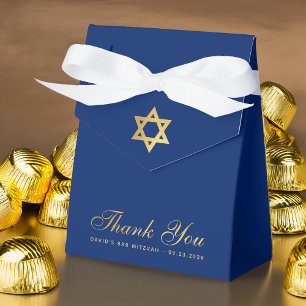 Bar Mitzvah Royal Blue Gold Star Thank You Script  Favor Box