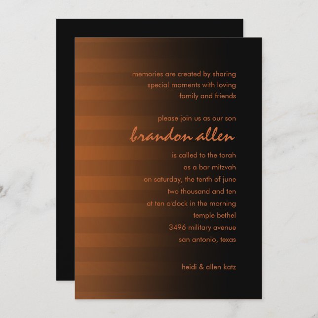 Bar Mitzvah Rust and Black Horizontal Stripes Invitation (Front/Back)