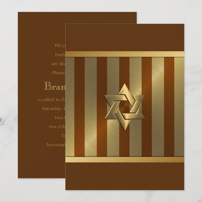 Bar Mitzvah Rust Gold Stripe Star of David Invitation (Front/Back)