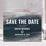 Bar Mitzvah Save Date Charcoal Grey Silver Foil Invitation Postcard<br><div class="desc">Make sure all your friends and relatives will be able to celebrate your son’s milestone Bar Mitzvah! Send out this cool, unique, modern, personalized “Save the Date” announcement postcard. Metallic silver foil brush strokes and Star of David, along with bold, white typography, overlay a rich, dark charcoal grey blue ombre...</div>