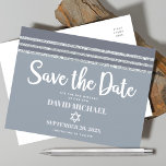 Bar Mitzvah Save Date Grey Silver Tallit Script  Invitation Postcard<br><div class="desc">Make sure all your friends and relatives will be able to celebrate your son’s milestone Bar Mitzvah! Send out this cool, unique, modern, personalized “Save the Date” announcement postcard. Bold, white script typography, Star of David and a soft grey and silver glitter striped tallit inspired graphic overlay a simple, lighter...</div>