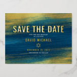Bar Mitzvah Save Date Modern Turquoise Real Gold Foil Invitation Postcard<br><div class="desc">Make sure all your friends and relatives will be able to celebrate your son’s milestone Bar Mitzvah! Send out this cool, unique, modern, personalized “Save the Date” announcement postcard. Bold, real gold foil typography and Star of David overlay faux metallic gold brush strokes and a rich, turquoise blue ombre paint...</div>