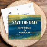 Bar Mitzvah Save Date Modern Turquoise Real Gold Foil Invitation Postcard<br><div class="desc">Make sure all your friends and relatives will be able to celebrate your son’s milestone Bar Mitzvah! Send out this cool, unique, modern, personalized “Save the Date” announcement postcard. Bold, real gold foil typography and Star of David overlay faux metallic gold brush strokes and a rich, turquoise blue ombre paint...</div>
