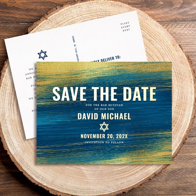 Bar Mitzvah Save Date Modern Turquoise Real Gold Foil Invitation Postcard (Creator Uploaded)