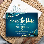 Bar Mitzvah Save Date Teal Ombre Agate Real Gold Foil Invitation Postcard<br><div class="desc">Make sure all your friends and relatives will be able to celebrate your son’s milestone Bar Mitzvah! Send out this cool, unique, modern, personalized “Save the Date” real gold foil announcement postcard. Real gold foil script typography, a real gold foil Star of David, and white sans serif typography overlay a...</div>