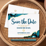 Bar Mitzvah Save Date Turquoise Agate Real Gold Foil Invitation Postcard<br><div class="desc">Make sure all your friends and relatives will be able to celebrate your son’s milestone Bar Mitzvah! Send out this cool, unique, modern, personalized “Save the Date” real gold foil announcement postcard. Dark teal blue script typography, real gold foil sans serif typography and a real gold foil Star of David...</div>