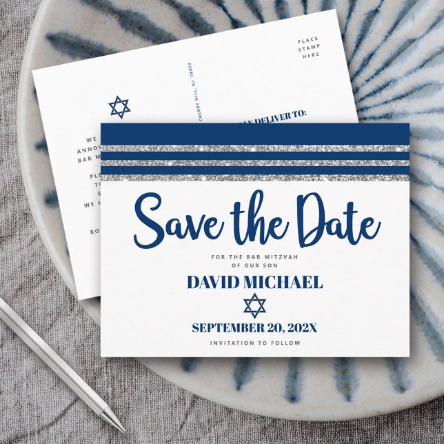 Bar Mitzvah Save the Date Navy Blue Tallit Script  Invitation Postcard (Creator Uploaded)