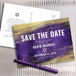 Bar Mitzvah Save the Date Purple Ombre Gold Foil  Invitation Postcard<br><div class="desc">Make sure all your friends and relatives will be able to celebrate your son’s milestone Bar Mitzvah! Send out this cool, unique, modern, personalized “Save the Date” announcement postcard. Metallic gold foil brush strokes and Star of David, along with bold, white typography, overlay a rich, dark purple ombre watercolor background....</div>