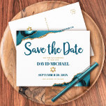 Bar Mitzvah Save the Date Turquoise Agate Script Invitation Postcard<br><div class="desc">Make sure all your friends and relatives will be able to celebrate your son’s milestone Bar Mitzvah! Send out this cool, unique, modern, personalized “Save the Date” announcement postcard. Dark teal blue script typography and faux gold Star of David overlay a simple, clean white background with turquoise blue agate rocks...</div>