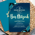 Bar Mitzvah Script Turquoise Ombre Agate Real Gold<br><div class="desc">Be proud, rejoice and showcase this milestone of your favourite Bar Mitzvah! Send out this cool, unique, modern, personalized, Hebrew name invitation for an event to remember. Real gold foil script typography, white sans serif typography, and a real gold foil Star of David overlay a deep turquoise teal blue ombre...</div>
