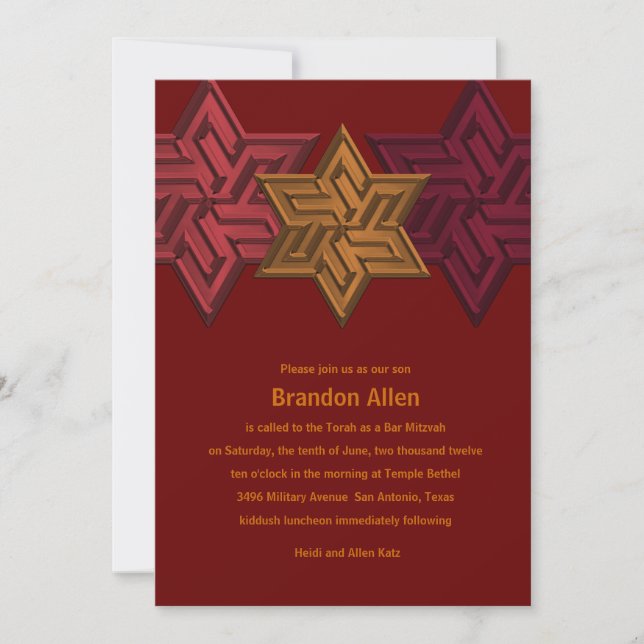 Bar Mitzvah Shades of Red and Rust, Star of David Invitation (Front)