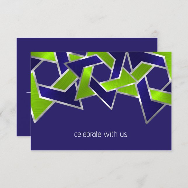 Bar Mitzvah Silver Blue Lime Green Star of David Invitation (Front/Back)