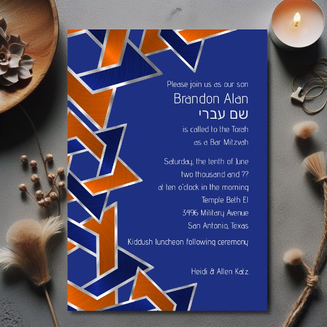 Bar Mitzvah Silver Blue Orange Star of David Invitation (Creator Uploaded)