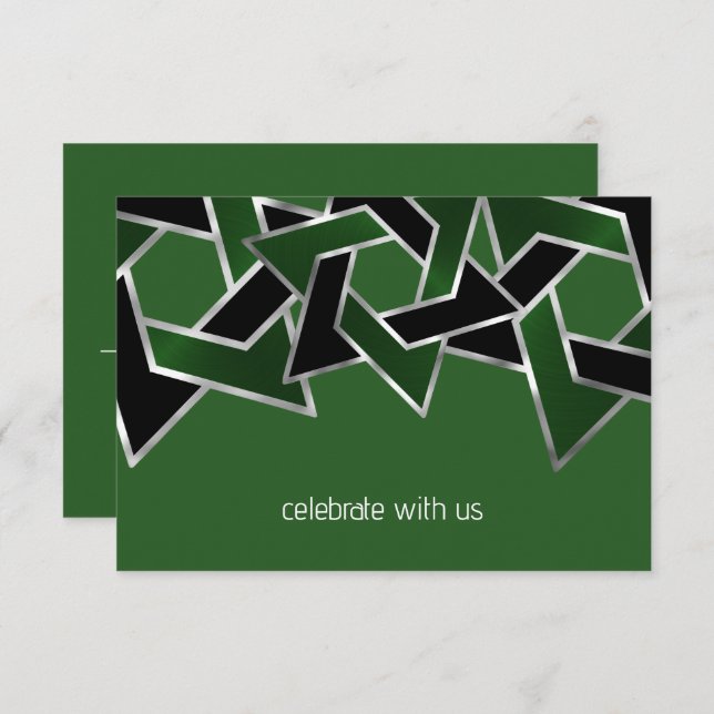 Bar Mitzvah Silver Green Black Star of David Invitation (Front/Back)