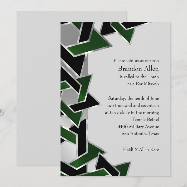 Bar Mitzvah Silver Green Black Star of David Invitation (Front/Back)