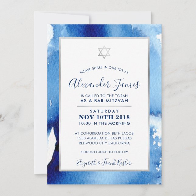 BAR MITZVAH silver star blue watercolor invite (Front)