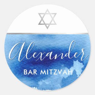 BAR MITZVAH silver star blue watercolor invite Classic Round Sticker