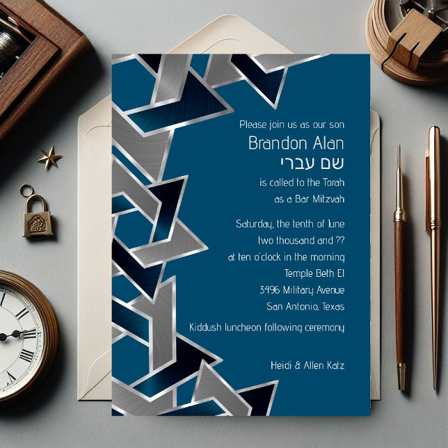 Bar Mitzvah Silver Teal Blue Grey Star of David Invitation (Creator Uploaded)
