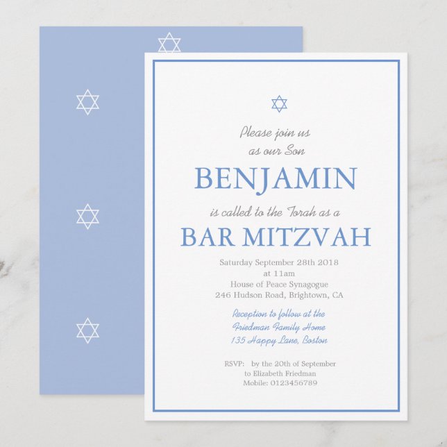 Bar Mitzvah Simple Elegant Star of David Jewish  Invitation (Front/Back)