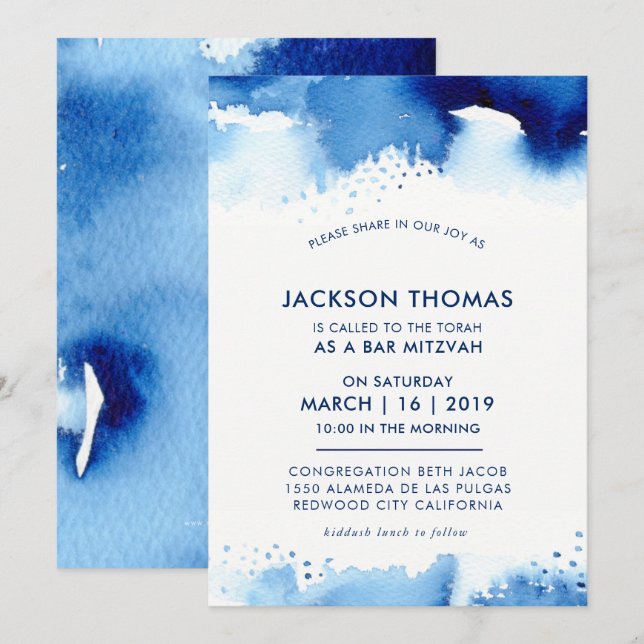 BAR MITZVAH simple invitation d'aquarelle bleue (Devant / Derrière)
