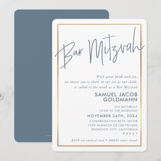 BAR MITZVAH simple minimal modern blue gold frame Invitation (Front/Back)