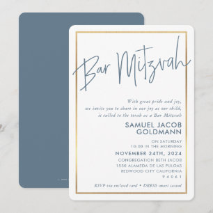 BAR MITZVAH simple minimal modern blue gold frame Invitation
