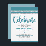 Bar Mitzvah Simple Modern Bold Teal Silver Tallit  Enclosure Card<br><div class="desc">Be proud, rejoice and showcase this milestone of your favourite Bar Mitzvah! Include this cool, unique, modern, personalized insert for additional information to your event. Bold, dusty teal blue script typography, Star of David and a dusty teal blue and silver glitter striped tallit inspired graphic overlay a simple, white background....</div>