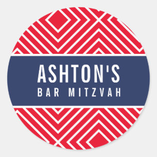 BAR MITZVAH simple modern geometric navy red Classic Round Sticker