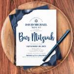 Bar Mitzvah Simple Modern Navy Blue Agate Script Invitation<br><div class="desc">Be proud, rejoice and showcase this milestone of your favourite Bar Mitzvah! Send out this cool, unique, modern, personalized invitation for an event to remember. Navy blue script typography and Star of David overlay simple, white background with steel blue agate accented with faux silver veins. Personalize the custom text with...</div>