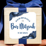 Bar Mitzvah Simple Modern Navy Blue Agate Script Square Sticker<br><div class="desc">Be proud, rejoice and showcase this milestone of your favourite Bar Mitzvah! Use this cool, unique, modern, personalized sticker to add to his special day. Navy blue script typography and a silver Star of David overlay a simple, white background with steel blue agate rocks accented with faux silver veins. Personalize...</div>