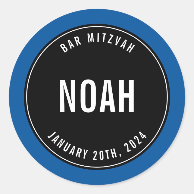 BAR MITZVAH simple modern plain black roayl blue Classic Round Sticker (Front)