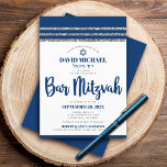 Bar Mitzvah Simple Modern Tallit Navy Blue Script Invitation<br><div class="desc">Be proud, rejoice and showcase this milestone of your favourite Bar Mitzvah! Send out this cool, unique, modern, personalized invitation for an event to remember. Bold, navy blue script typography, Star of David and a navy blue and silver glitter striped tallit inspired graphic overlay a simple, white background. Personalize the...</div>