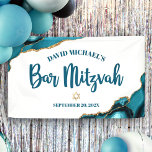 Bar Mitzvah Simple Modern Turquoise Agate Script Banner<br><div class="desc">Be proud, rejoice and showcase this milestone of your favourite Bar Mitzvah! Hang up this cool, unique, modern, personalized banner to add to his special day. Dark teal blue script typography and a faux gold Star of David overlay a simple, clean white background with turquoise blue agate rocks accented with...</div>