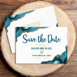Bar Mitzvah Simple Modern Turquoise Agate Script Save The Date<br><div class="desc">Make sure all your friends and relatives will be able to celebrate your son’s milestone Bar Mitzvah! Send out this cool, unique, modern, personalized “Save the Date” announcement card. Dark teal script typography and a faux gold Star of David overlay a simple, clean white background with turquoise blue agate rocks...</div>