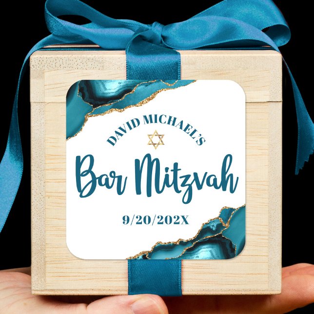 Bar Mitzvah Simple Modern Turquoise Agate Script Square Sticker (Creator Uploaded)