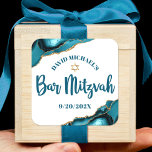 Bar Mitzvah Simple Modern Turquoise Agate Script Square Sticker<br><div class="desc">Be proud, rejoice and showcase this milestone of your favourite Bar Mitzvah! Use this cool, unique, modern, personalized sticker to add to his special day. Dark teal blue script typography and a faux gold Star of David overlay a simple, clean white background with turquoise blue agate rocks accented with faux...</div>