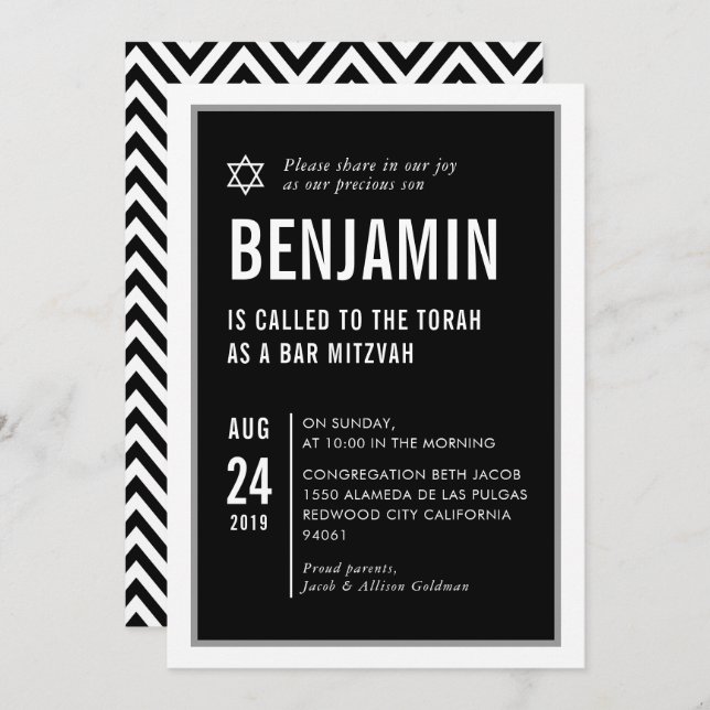 BAR MITZVAH simple modern typography black white Invitation (Front/Back)