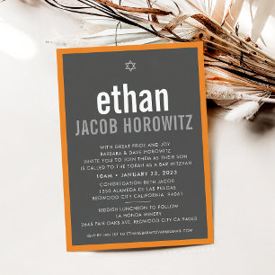 BAR MITZVAH simple star modern name grey orange Invitation