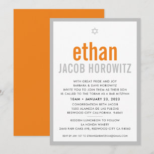 BAR MITZVAH simple star modern name orange grey Invitation